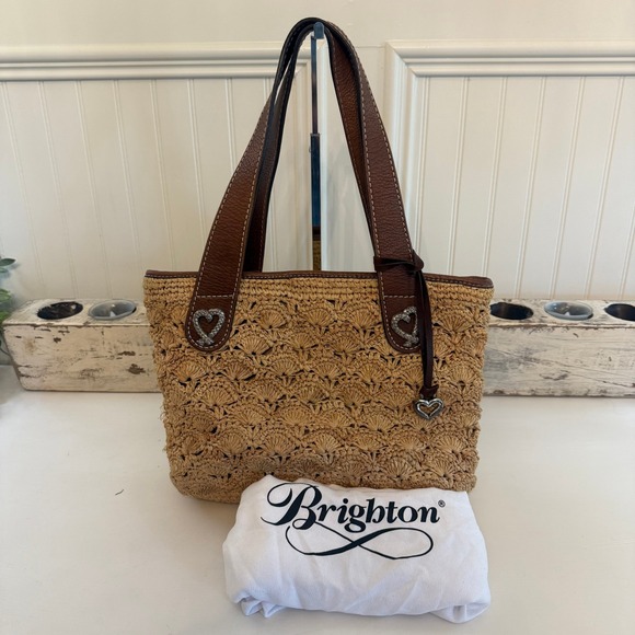 Brighton Joplin Straw Tote Handbag Purse Raffia Woven Leather Trim Charm Boho - Picture 1 of 11